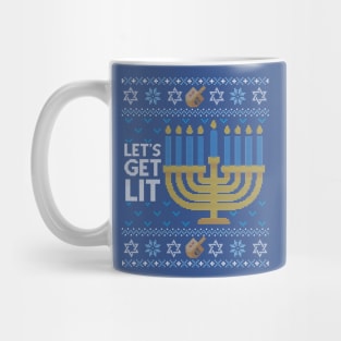Funny Ugly Hanukkah Sweater, Let's Get Lit Menorah Mug
